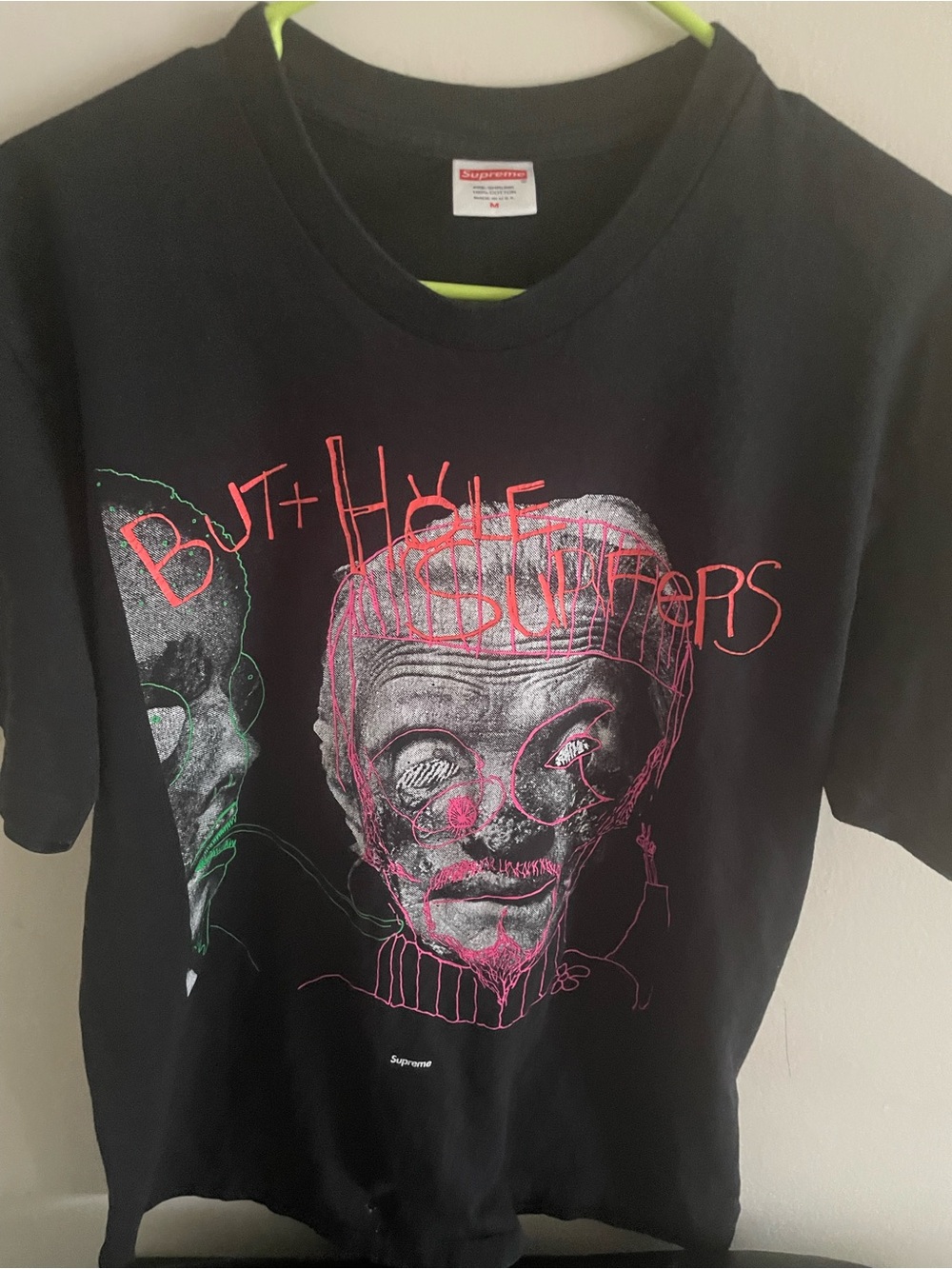 Supreme Black Tee with Neon Pink & Lime Green Graphic Faces